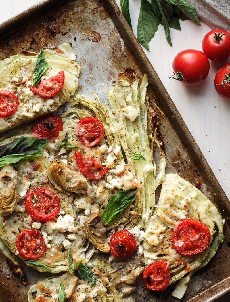 Roasted Cabbage Steaks with Basil Pesto and Feta Cheese