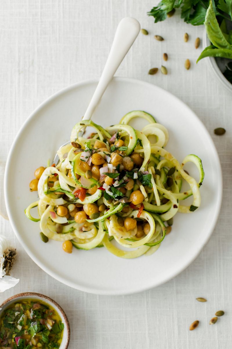 Zucchini Noodles with Chickpeas and Pesto