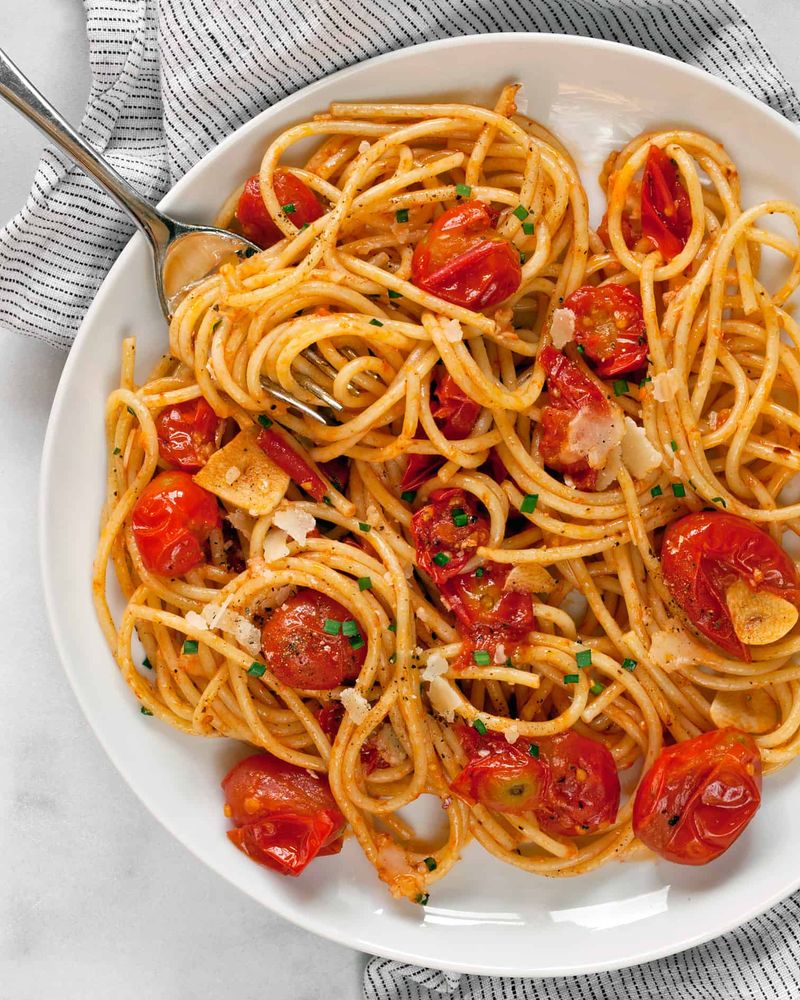 Bucatini with Burst Cherry Tomatoes and Basil