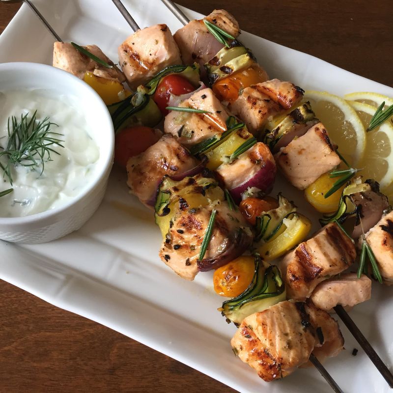 Salmon Kebabs with Tzatziki