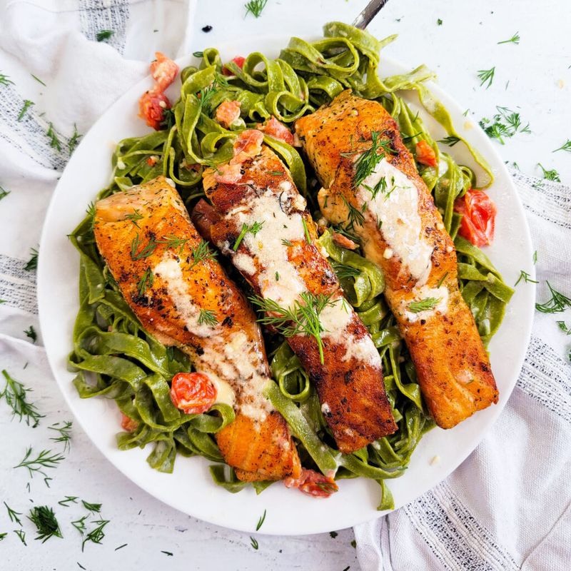 Salmon and Creamed Spinach Fettuccini