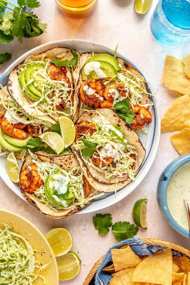 Shrimp Tacos With Slaw And Lime Crema