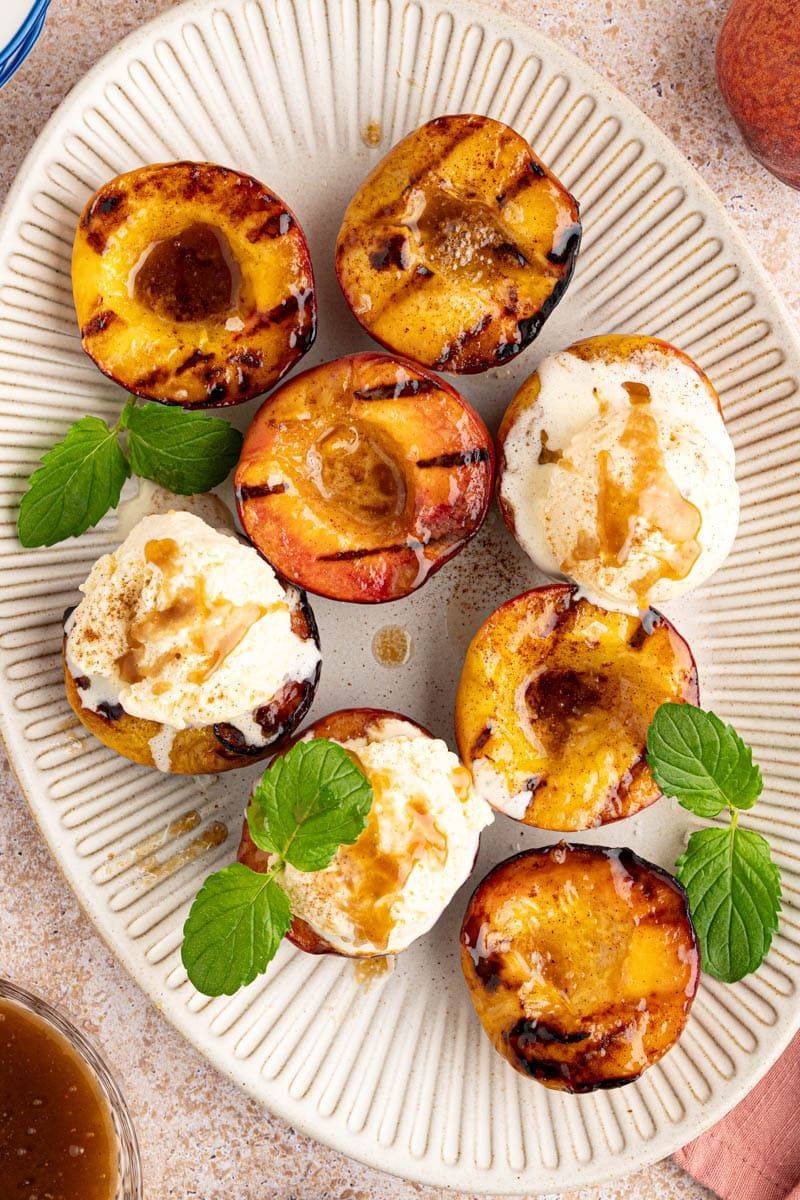 Grilled Peach Halves with Honey & Vanilla Ice Cream
