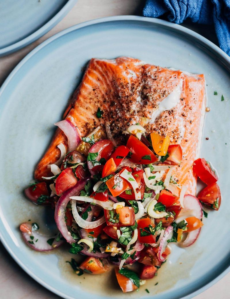 Sesame Tomato Salad with Grilled Fish