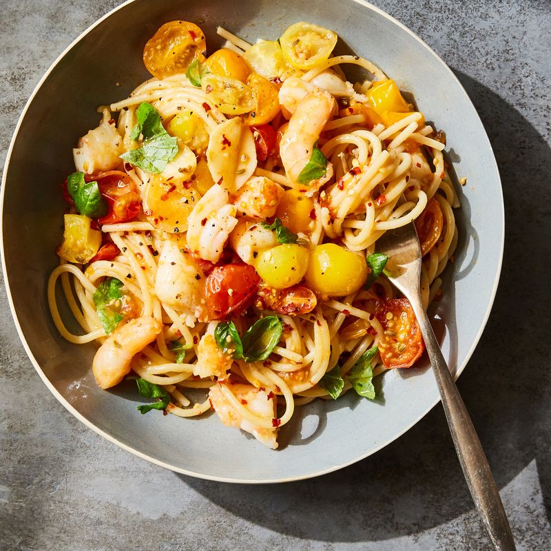 Shrimp and Burst Cherry Tomato Pasta