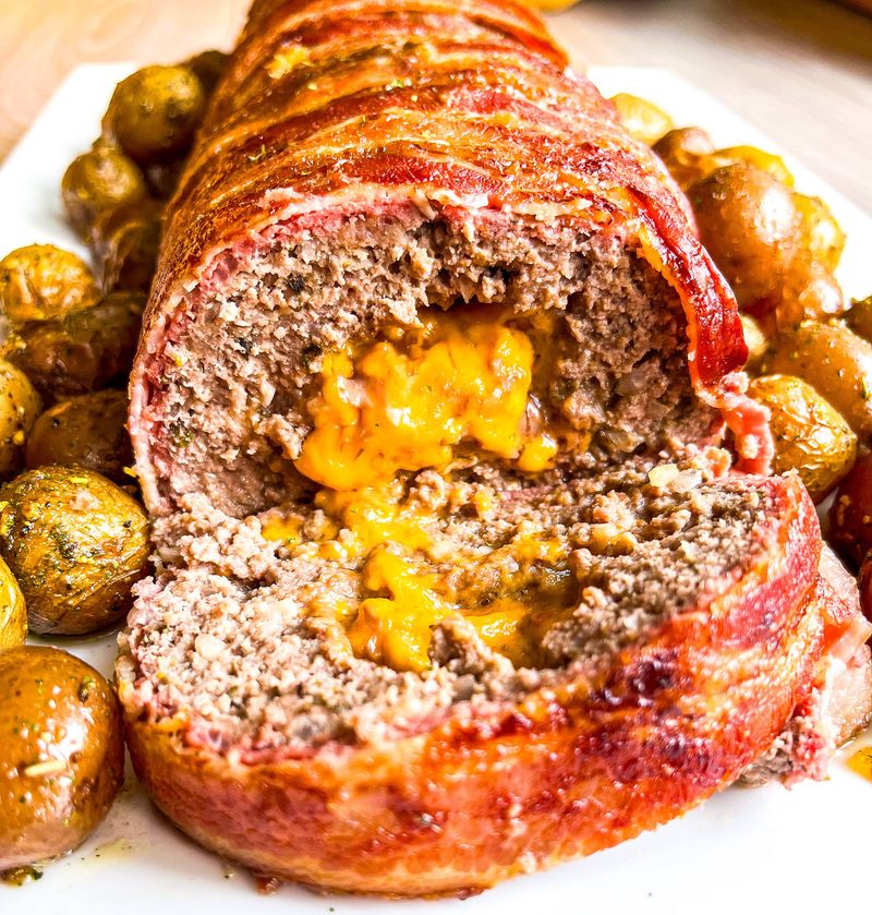 Cheese-Stuffed Bacon-Wrapped Meatloaf