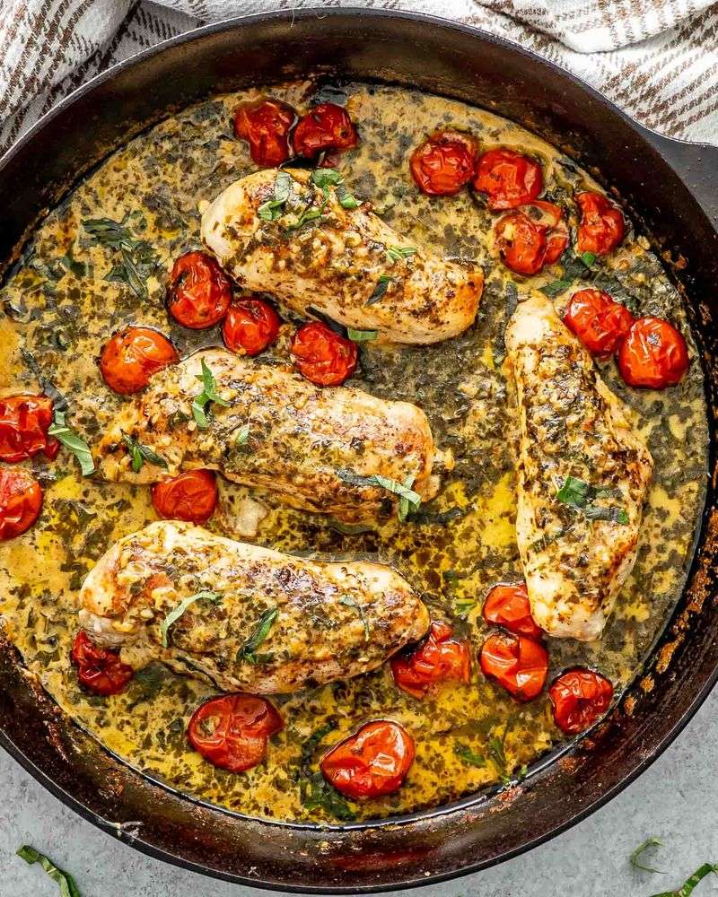Creamy Pesto Chicken with Roasted Tomatoes
