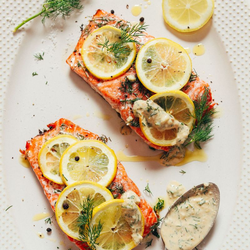 Baked Salmon with Lemon Tahini Sauce