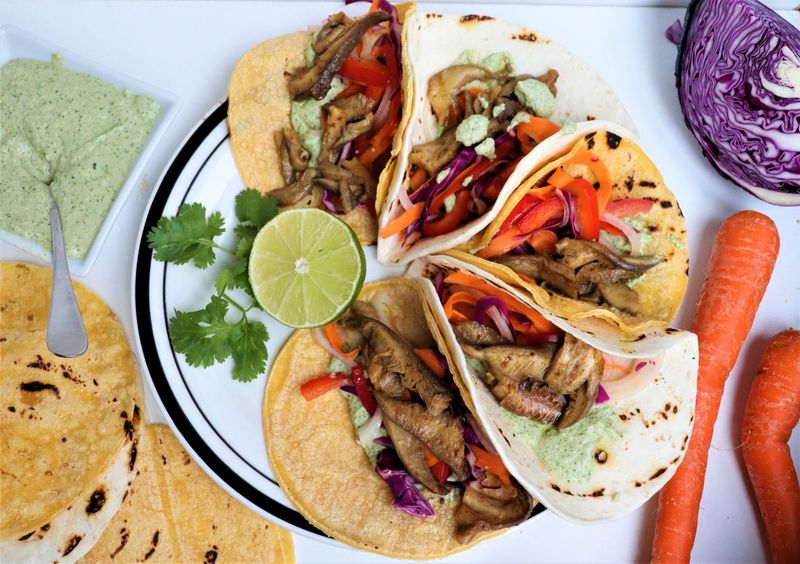 Rhubarb Tacos with Spicy Slaw