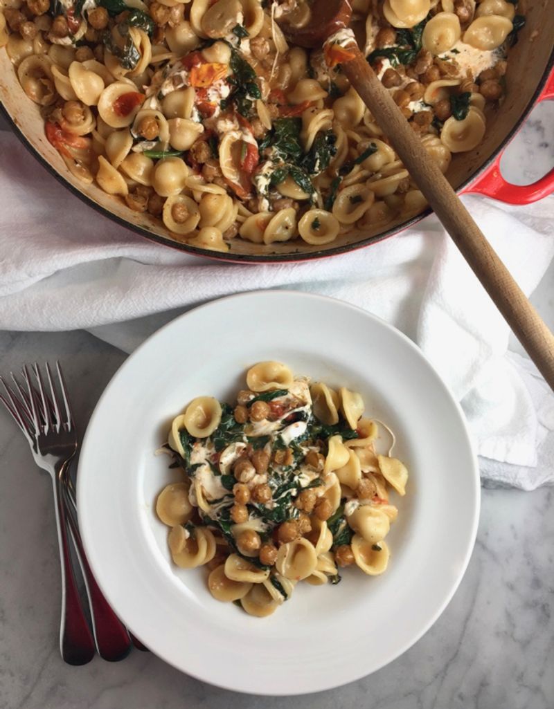 Orecchiette with Greens, Mozzarella, and Chickpeas