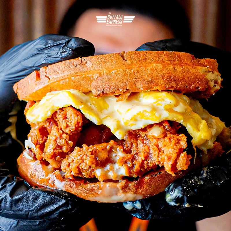 The Buffalo Chicken Mac & Cheese Waffle Sandwich